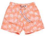 The Snapper Rock Boys' Cali Palms Recycled Swim Short features an orange palm tree print, elastic waistband with black-and-white drawstring, comfort liner, and UPF50+ sun protection—perfect for stylish, safe fun by the water.
