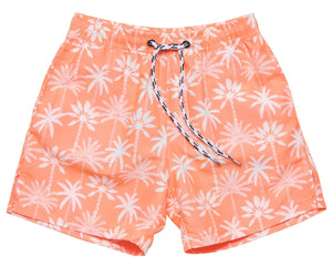The Snapper Rock Boys' Cali Palms Recycled Swim Short features an orange palm tree print, elastic waistband with black-and-white drawstring, comfort liner, and UPF50+ sun protection—perfect for stylish, safe fun by the water.