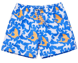 Snapper Rock Boys' Shark Squad Swim Short features a blue, white, and orange shark pattern with an elastic waistband and front drawstring—ideal as boys’ swimwear or kids’ beach shorts.