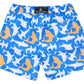 The Snapper Rock Boys' Shark Squad Swim Short features blue fabric with a white and orange shark print, an elastic waistband, drawstring, and a flap-back pocket—ideal swimwear for boys.