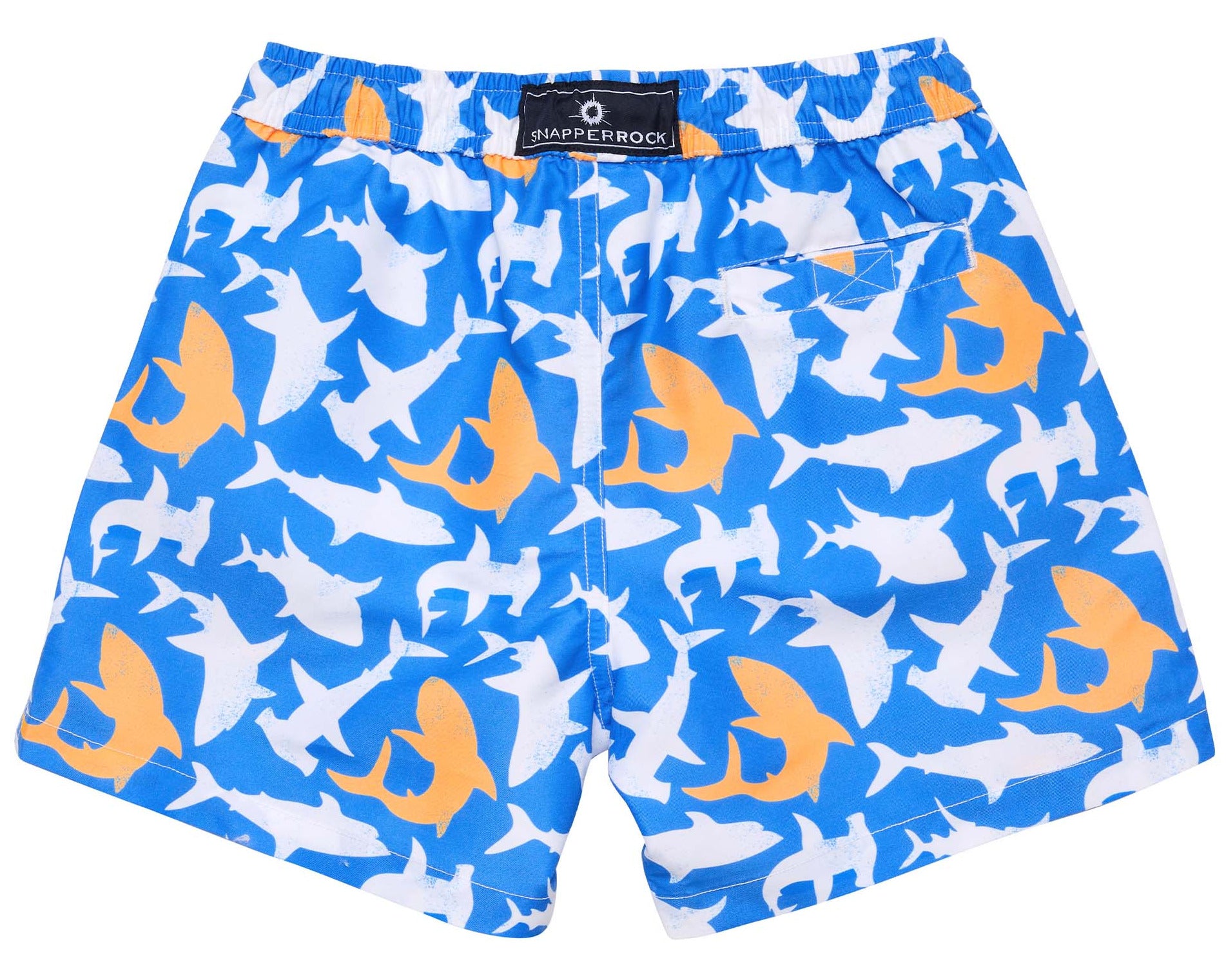 The Snapper Rock Boys' Shark Squad Swim Short features blue fabric with a white and orange shark print, an elastic waistband, drawstring, and a flap-back pocket—ideal swimwear for boys.
