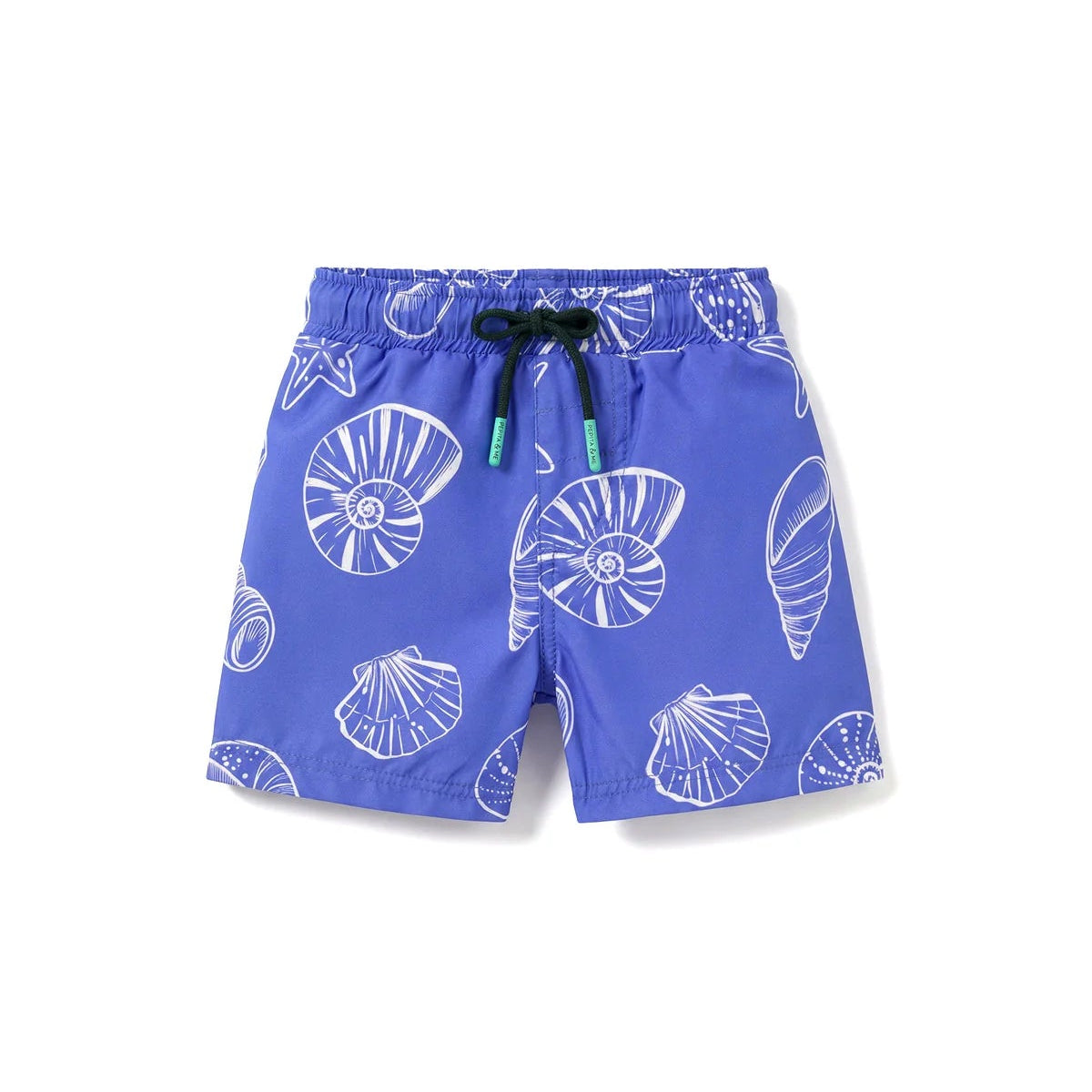 Pepita & Me Baby Boys' and Boys' Playa Azul Swim Trunks in blue with white seashell and starfish pattern, black drawstring with green tips, made from quick-dry fabric, shown on a white background.