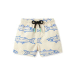 The Pepita & Me Baby Boys' and Boys' Barracuda Arena Swim Trunks are beige with a blue fish print, quick-dry fabric, and a black waist drawstring.