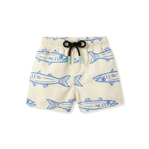 The Pepita & Me Baby Boys' and Boys' Barracuda Arena Swim Trunks are beige with a blue fish print, quick-dry fabric, and a black waist drawstring.