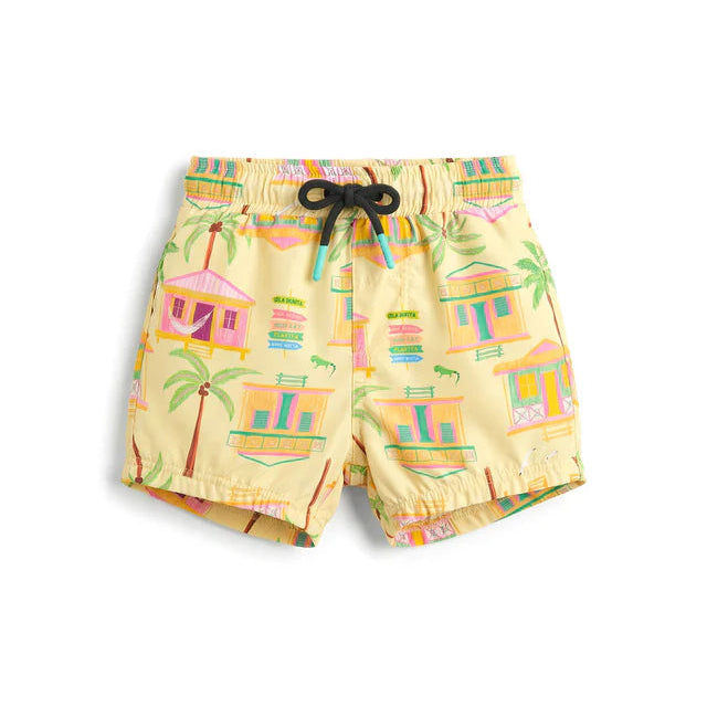 Bright and playful, Pepita & Me's Baby Boys' and Boys' Casitas Isleñas Amarillo Swim Trunks feature quick-dry fabric, a drawstring waist, and a colorful palm tree and house print in pink, green, and orange.