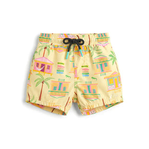 Bright and playful, Pepita & Me's Baby Boys' and Boys' Casitas Isleñas Amarillo Swim Trunks feature quick-dry fabric, a drawstring waist, and a colorful palm tree and house print in pink, green, and orange.