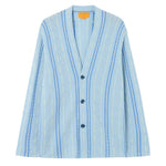 The Baja Everywear Cardigan by Guest in Residence features light blue and white unisex stripes, a V-neckline, and three blue buttons on a mid-weight knit, shown against a white background.