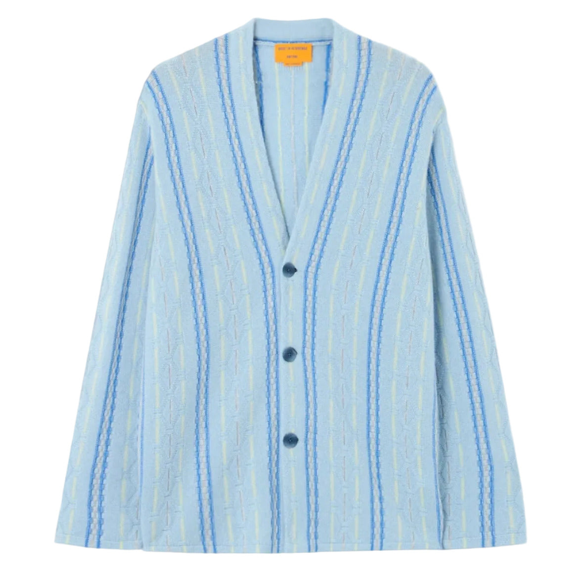The Baja Everywear Cardigan by Guest in Residence features light blue and white unisex stripes, a V-neckline, and three blue buttons on a mid-weight knit, shown against a white background.