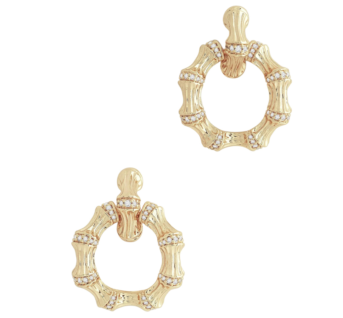 Anabel Aram Bamboo Double Hoop Earrings made of gold-plated brass shaped like bamboo with crystal pavé at the joints.