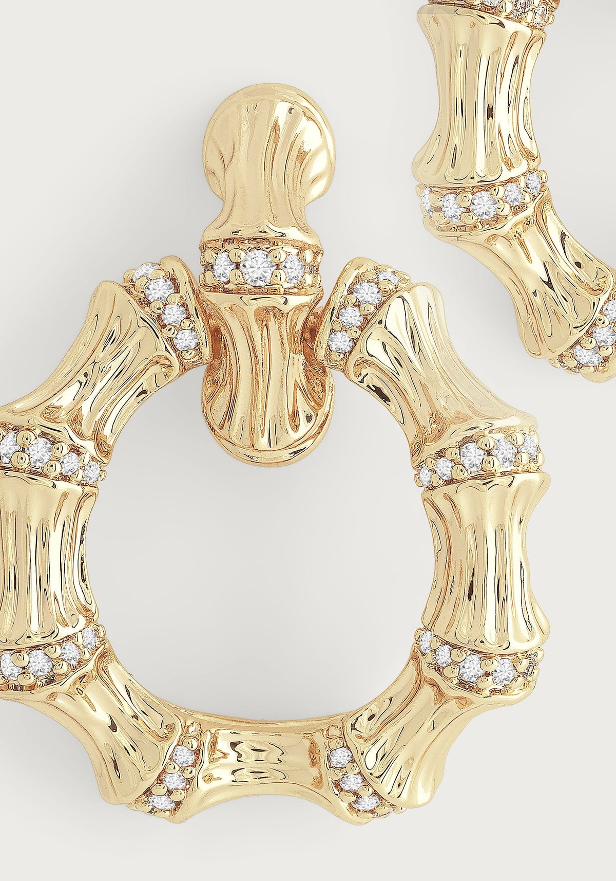 Bamboo Double Hoop Earrings in gold-plated brass with a bamboo-textured design and crystal pavé accents.