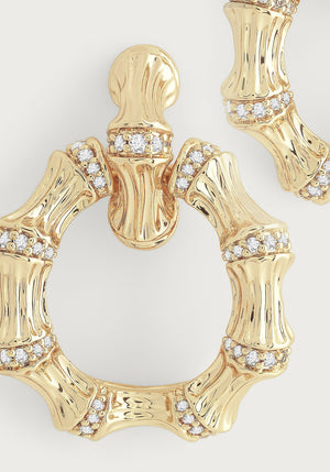 Bamboo Double Hoop Earrings in gold-plated brass with a bamboo-textured design and crystal pavé accents.