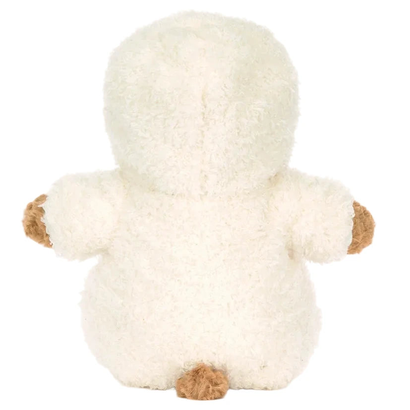 Bartholomew Bear All-in-One Outfit by Jellycat: plush toy seen from behind, showcasing a white fluffy body, brown feet, and a small round tail—ideal for cozy lounging this hibernation season.