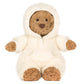 A Jellycat teddy bear, sporting a fluffy white Bartholomew Bear All-in-One Outfit, sits facing forward against a plain background, ready for cozy hibernation-season lounging.