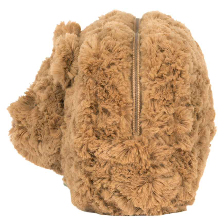 A close-up of the Jellycat Bartholomew Bear Pouch shows its plush brown fur, teddy bear design, and a visible top zipper.