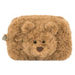 The Bartholomew Bear Pouch by Jellycat is a rectangular, brown, fluffy pouch with round ears, black eyes, and a small brown nose, designed to resemble Bartholomew Bear.