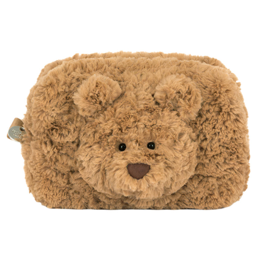 The Bartholomew Bear Pouch by Jellycat is a rectangular, brown, fluffy pouch with round ears, black eyes, and a small brown nose, designed to resemble Bartholomew Bear.