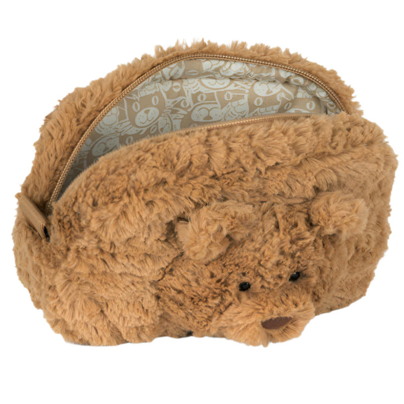The Jellycat Bartholomew Bear Pouch is a brown, plush zippered pouch styled after Bartholomew Bear, featuring an open top and patterned fabric lining inside.