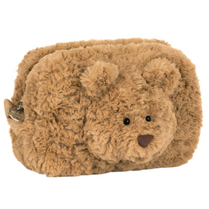 The Bartholomew Bear Pouch by Jellycat is a rectangular brown plush zippered pouch featuring a bear face and ears—a cute teddy bear design perfect for carrying your essentials.