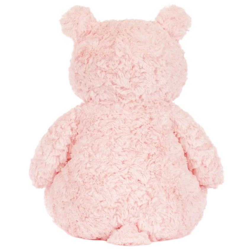 A back view of the Jellycat Leola Bear Large plush toy, featuring a pink, fluffy body, short limbs, and rounded ears, shown sitting upright against a white background.