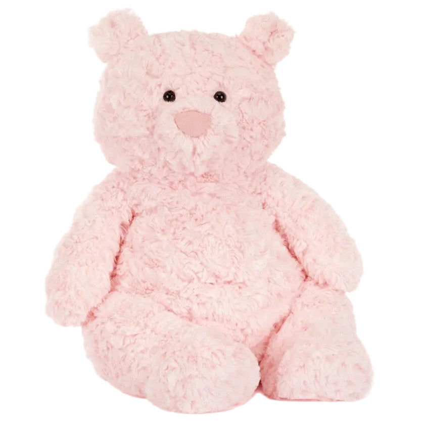 The Jellycat Leola Bear Large is a plush pink teddy bear with round ears and a slightly darker pink nose, shown sitting upright against a white background.