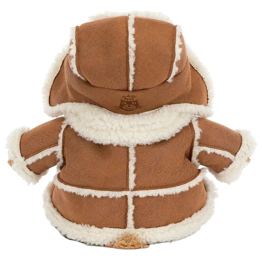 Back view of a Jellycat Bartholomew Bear ‘Alpine’ wearing a brown and white faux-shearling hooded jacket.
