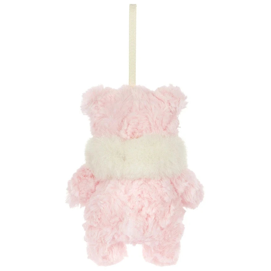 Pink Jellycat Leola Bear Winter Warmer Decoration plush ornament with a cream-colored scarf and a hanging loop.