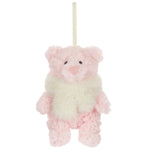 A small, pale pink Jellycat Leola Bear Winter Warmer Decoration ornament wearing a fuzzy white scarf and hanging from a ribbon.