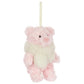 Plush pink Jellycat Leola Bear Winter Warmer Decoration wearing a white scarf with a hanging loop, perfect for Christmas decor.