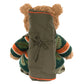 The Jellycat Bartholomew Bear Hiking Outfit shows Bartholomew Bear in a patterned sweater with an olive green sleeping bag on his back, viewed from behind.