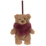 Jellycat Bartholomew Bear Winter Warmer Decoration, a small bear ornament wearing a burgundy faux-fur scarf, hanging from a ribbon loop.