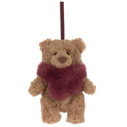 Jellycat Bartholomew Bear Winter Warmer Decoration, a small bear ornament wearing a burgundy faux-fur scarf, hanging from a ribbon loop.