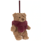 Jellycat Bartholomew Bear Winter Warmer Decoration in a plush brown finish, wearing a dark red scarf and hanging from a ribbon loop.