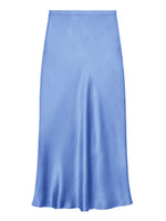 The Anine Bing Bar Silk Skirt is a light blue satin midi skirt featuring a smooth, shiny finish and a slightly flared hem. Designed in a flattering high-waisted silhouette, it is shown against a white background.