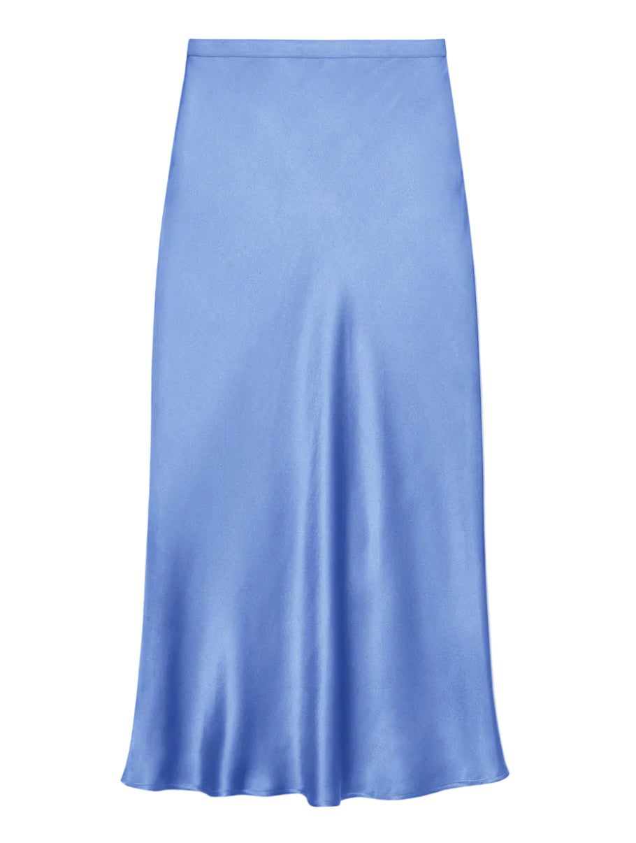 The Anine Bing Bar Silk Skirt is a light blue satin midi skirt featuring a smooth, shiny finish and a slightly flared hem. Designed in a flattering high-waisted silhouette, it is shown against a white background.