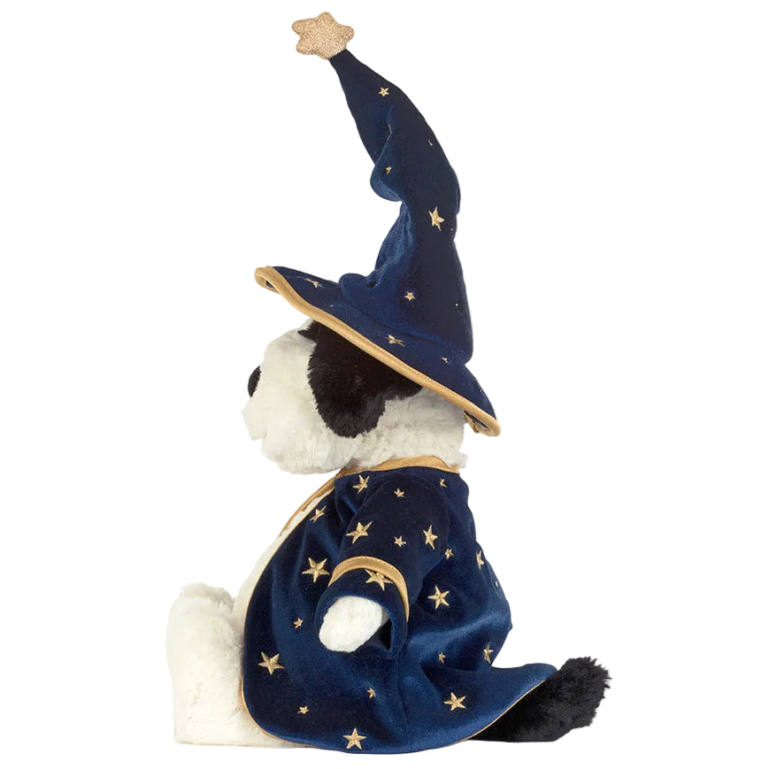 Jellycat Rufferty Puppy Wizard Outfit – a stuffed animal dog reminiscent of the classic Rufferty Puppy plush, dressed in a blue wizard hat and robe adorned with gold stars, sitting upright in side profile against a white background.