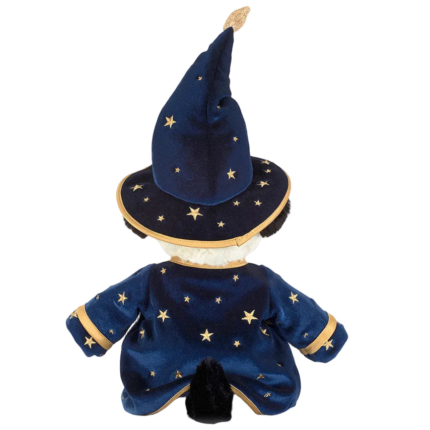 Jellycat Rufferty Puppy plush toy wearing the Wizard Outfit, shown from the back in a blue robe and hat adorned with gold stars.