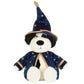 Jellycat’s Rufferty Puppy Wizard Outfit plush dog toy sits upright against a white background, dressed in a blue wizard hat and robe adorned with gold stars—a magical companion for all ages.