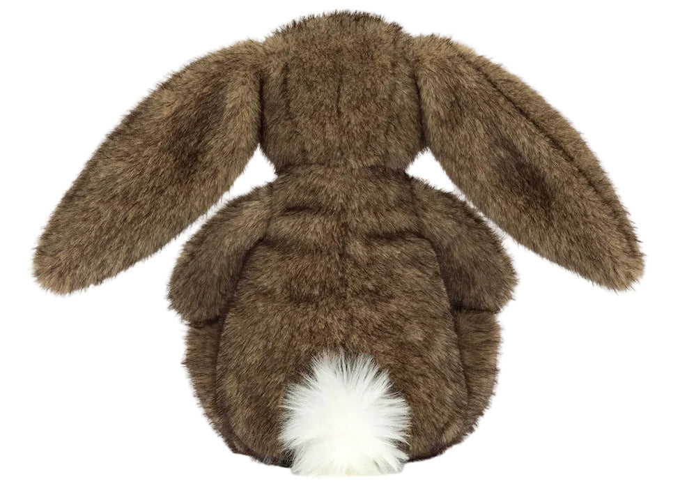 The Jellycat Hoppleston Luxe Bunny Original plush is shown from the back, displaying its brown fur, long floppy ears, and a small white tail against a white background.