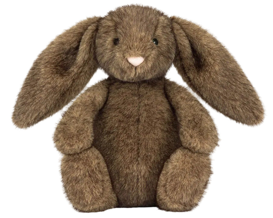 The Jellycat Hoppleston Luxe Bunny Original is a brown plush bunny with long floppy ears, round black eyes, and a pink nose, shown sitting upright on a white background.