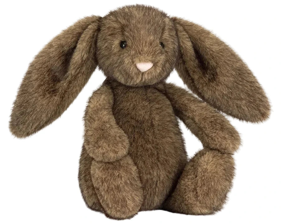 The Jellycat Hoppleston Luxe Bunny Original features soft brown fur, long floppy ears, black button eyes, and a small pink nose, and is shown sitting upright against a white background.