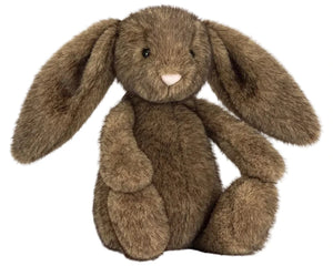 The Jellycat Hoppleston Luxe Bunny Original features soft brown fur, long floppy ears, black button eyes, and a small pink nose, and is shown sitting upright against a white background.