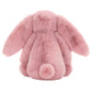 Back view of a pink Jellycat Bashful Tulip Pink Bunny plush toy with long ears and a fluffy tail.