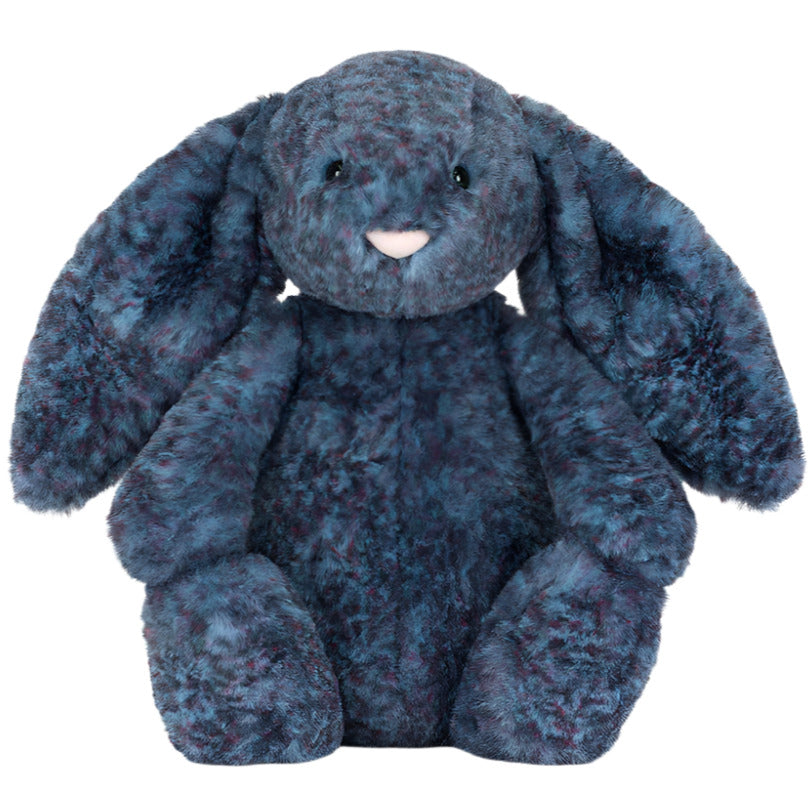 The Jellycat Hopscone Luxe Bunny is a plush dark blue toy with long floppy ears, round black eyes, and a small pink nose, sitting upright on a white background.