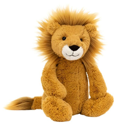 Jellycat stuffed lion - in the form of the Bashful Lion, showcased against a white background.