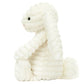 The Jellycat Bashful Luxe Bunny Nimbus is a plush white toy with textured fur, floppy ears, and a fluffy tail—ideal for collectors.