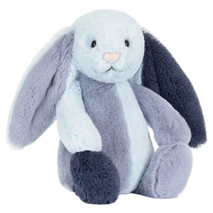 Jellycat’s Puddlesea Bunny plush toy, featuring long floppy ears and blue fur, sits upright against a white background—ideal for beach toy collections or as a cuddly companion after building sandcastles.