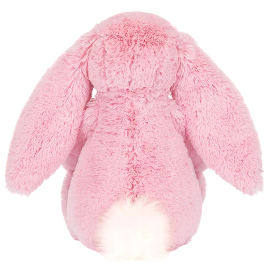 The Jellycat Blushkin Blossom Luxe Bunny Original plush toy is displayed from the back, highlighting its long floppy ears and white tail against a white background.