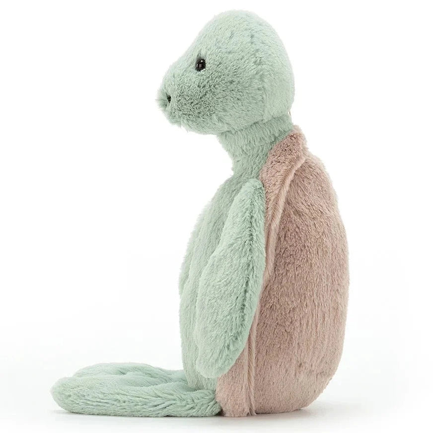 Seafoam Blue with Beige Turtleshell and black eyes.Bashful Turtle stuffed plushie from Jellycat, sitting on a white background.