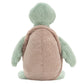 Seafoam Blue with Beige Turtleshell and black eyes.Bashful Turtle stuffed plushie from Jellycat, sitting on a white background.