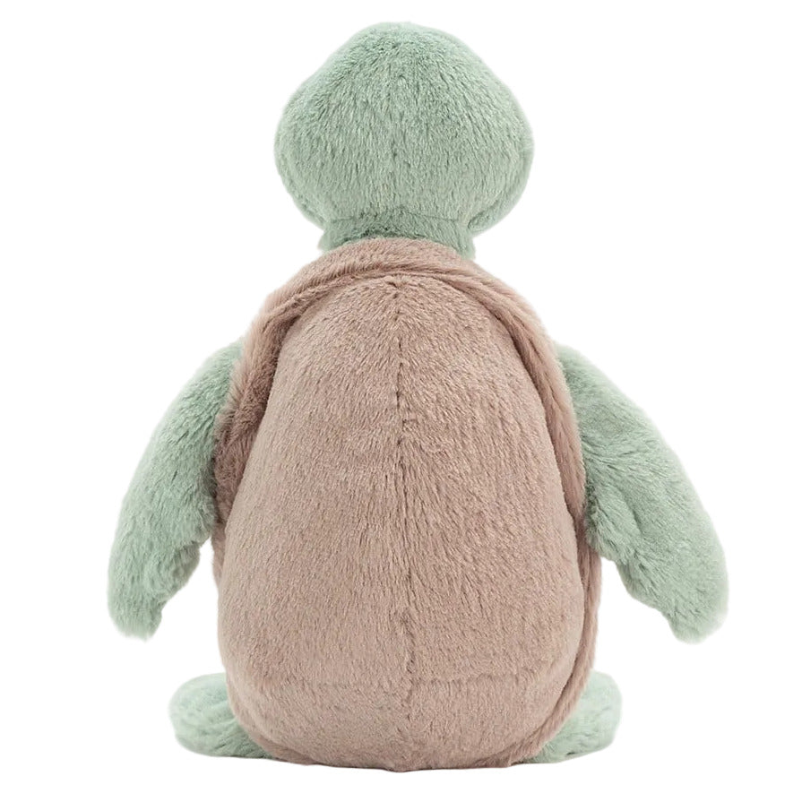 Seafoam Blue with Beige Turtleshell and black eyes.Bashful Turtle stuffed plushie from Jellycat, sitting on a white background.